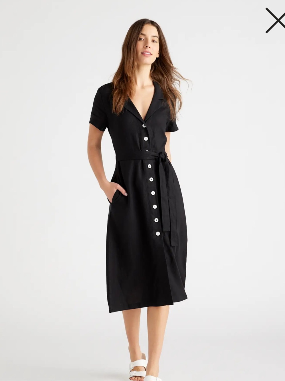 Quince 100% European Linen Button-Front Midi Dress in black S